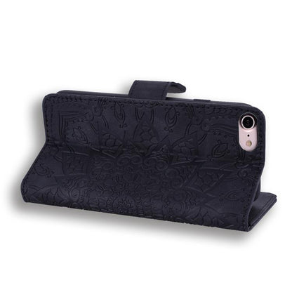 For iPhone 16e Mandala Embossed Dual-Fold Calf Leather Phone Case(Black) - iPhone 16e Cases by buy2fix | Online Shopping UK | buy2fix