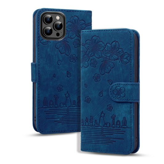 For iPhone 16 Pro Max Cartoon Sakura Cat Embossed Leather Phone Case(Royal Blue) - iPhone 16 Pro Max Cases by buy2fix | Online Shopping UK | buy2fix