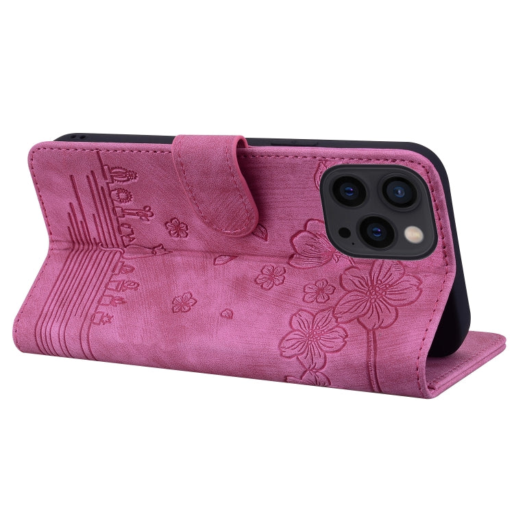 For iPhone 16 Pro Cartoon Sakura Cat Embossed Leather Phone Case(Rose Red) - iPhone 16 Pro Cases by buy2fix | Online Shopping UK | buy2fix