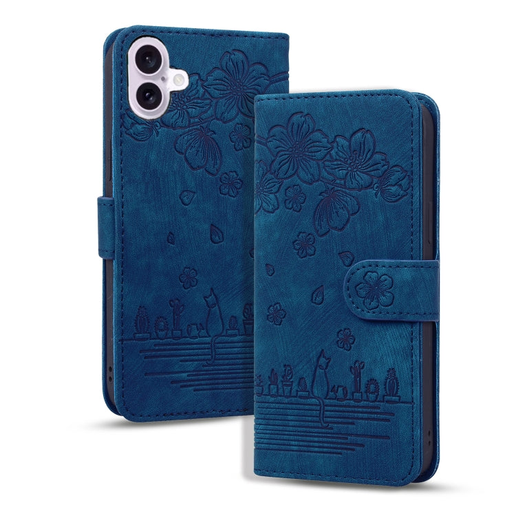 For iPhone 16 Plus Cartoon Sakura Cat Embossed Leather Phone Case(Royal Blue) by buy2fix