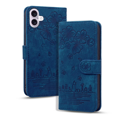 For iPhone 16 Plus Cartoon Sakura Cat Embossed Leather Phone Case(Royal Blue) by buy2fix