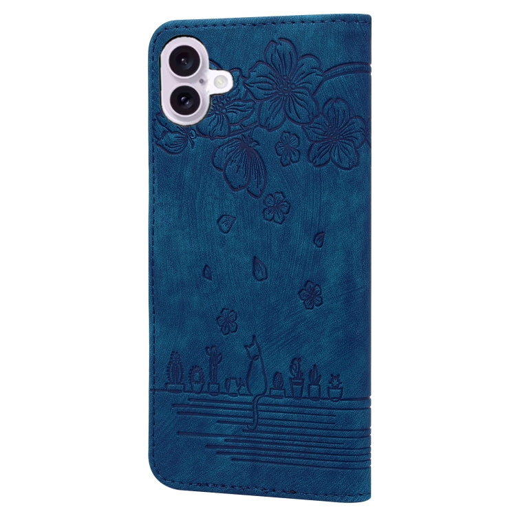For iPhone 16 Plus Cartoon Sakura Cat Embossed Leather Phone Case(Royal Blue) by buy2fix