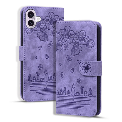 For iPhone 16 Plus Cartoon Sakura Cat Embossed Leather Phone Case(Purple) by buy2fix