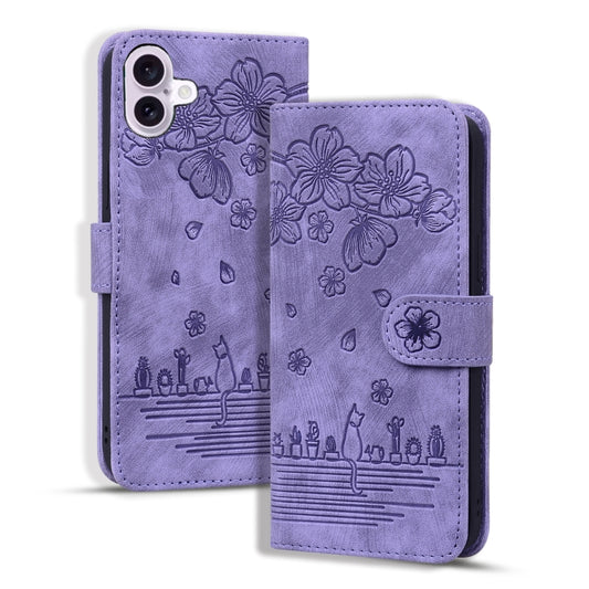 For iPhone 16 Plus Cartoon Sakura Cat Embossed Leather Phone Case(Purple) by buy2fix