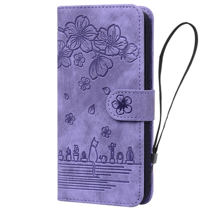 For iPhone 16 Plus Cartoon Sakura Cat Embossed Leather Phone Case(Purple) by buy2fix