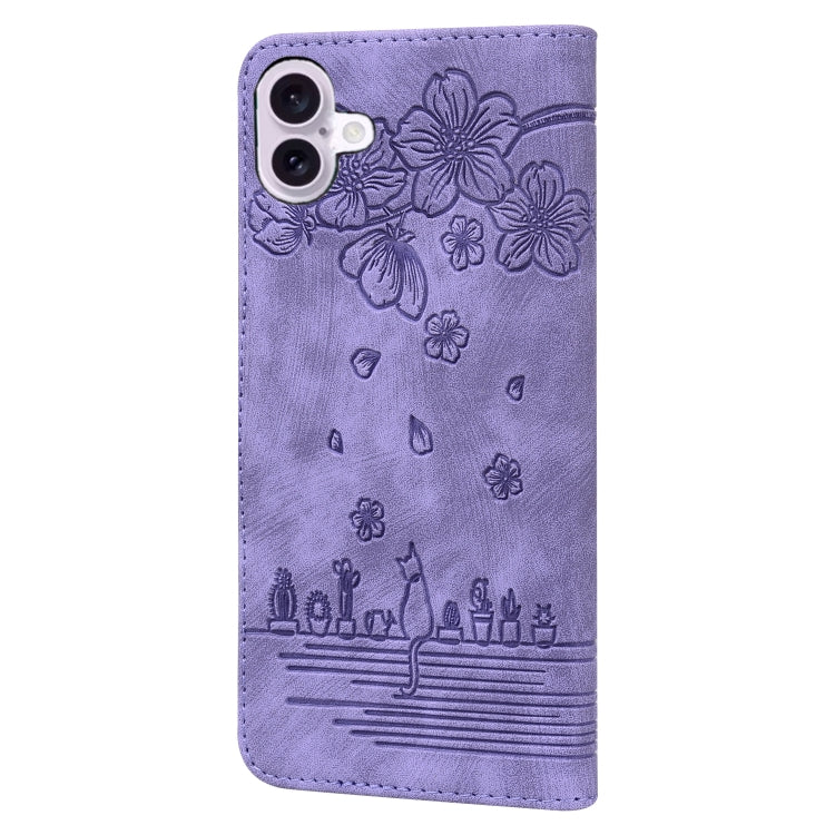 For iPhone 16 Plus Cartoon Sakura Cat Embossed Leather Phone Case(Purple) by buy2fix