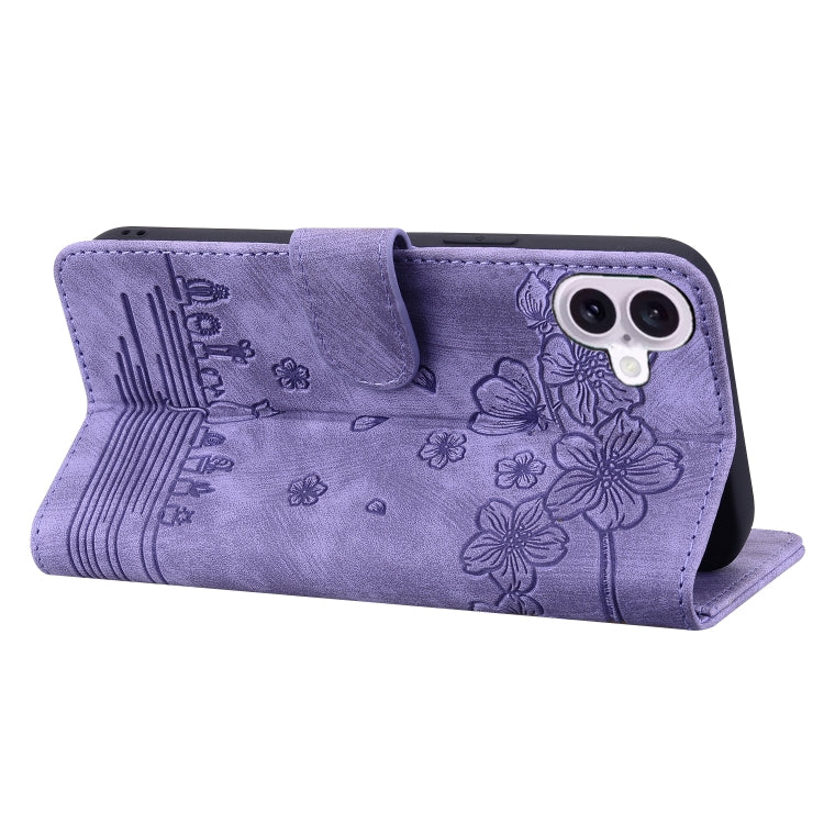 For iPhone 16 Plus Cartoon Sakura Cat Embossed Leather Phone Case(Purple) by buy2fix