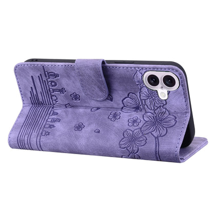 For iPhone 16 Plus Cartoon Sakura Cat Embossed Leather Phone Case(Purple) by buy2fix