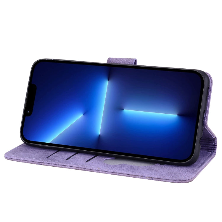 For iPhone 16 Plus Cartoon Sakura Cat Embossed Leather Phone Case(Purple) by buy2fix