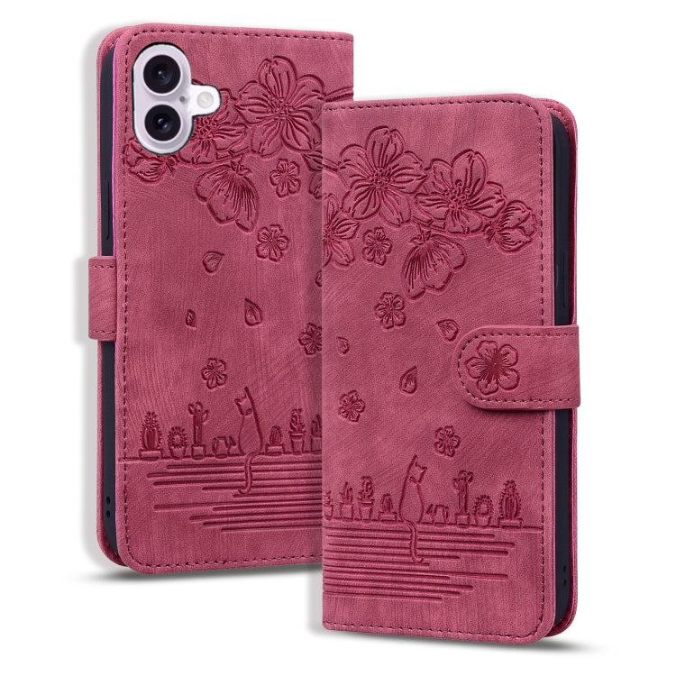 For iPhone 16 Plus Cartoon Sakura Cat Embossed Leather Phone Case(Wine Red) by buy2fix