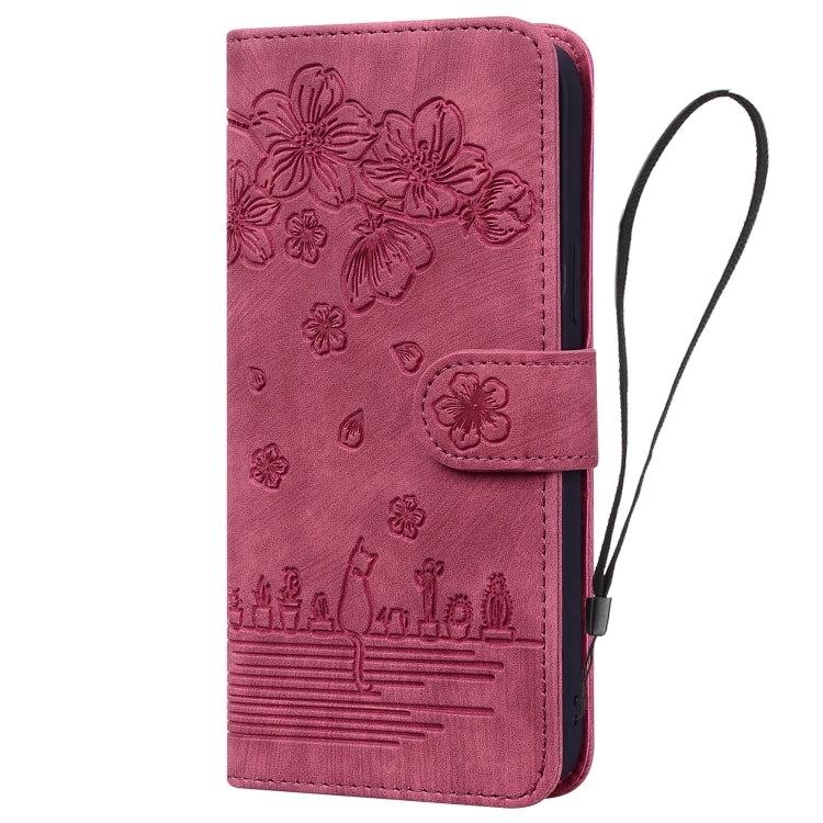 For iPhone 16 Plus Cartoon Sakura Cat Embossed Leather Phone Case(Wine Red) by buy2fix