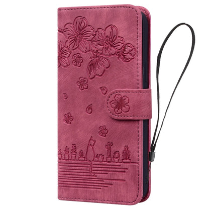 For iPhone 16 Plus Cartoon Sakura Cat Embossed Leather Phone Case(Wine Red) by buy2fix