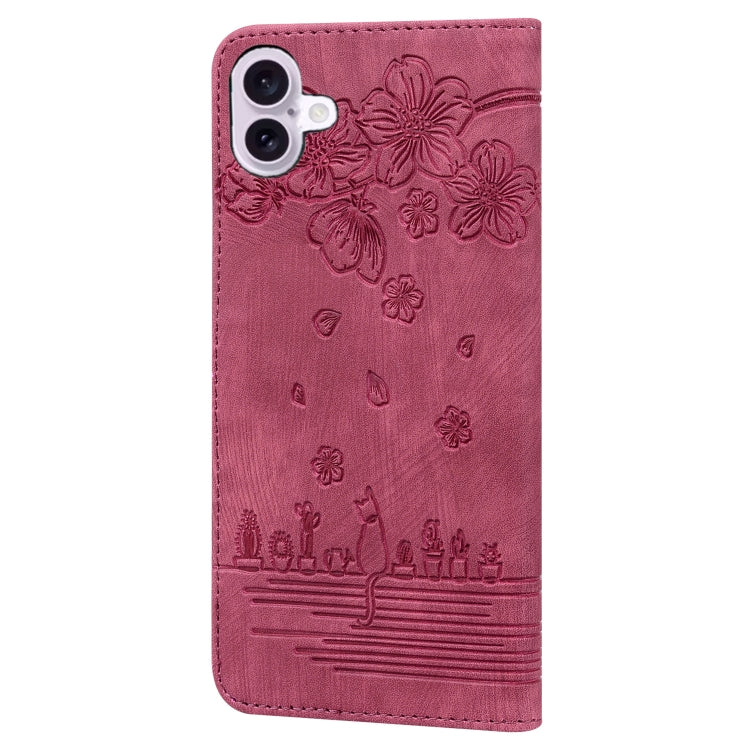 For iPhone 16 Plus Cartoon Sakura Cat Embossed Leather Phone Case(Wine Red) by buy2fix