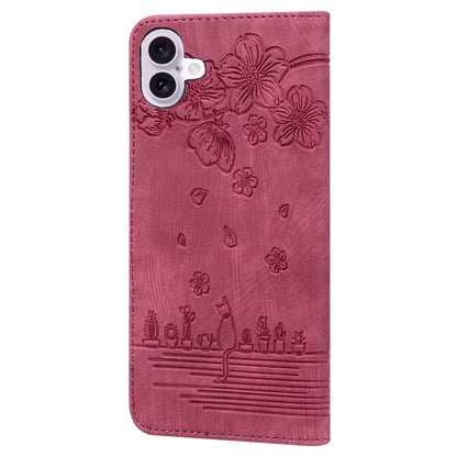For iPhone 16 Plus Cartoon Sakura Cat Embossed Leather Phone Case(Wine Red) by buy2fix