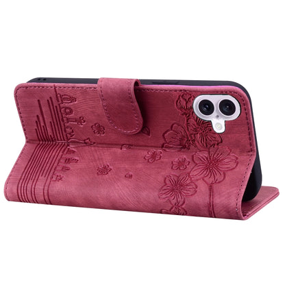 For iPhone 16 Plus Cartoon Sakura Cat Embossed Leather Phone Case(Wine Red) by buy2fix