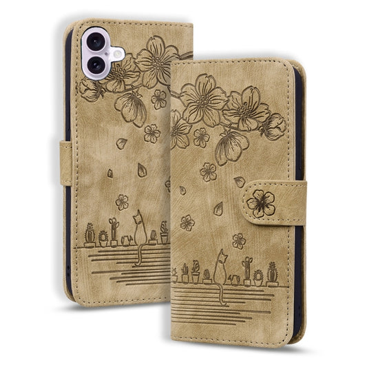 For iPhone 16 Cartoon Sakura Cat Embossed Leather Phone Case(Brown) by buy2fix