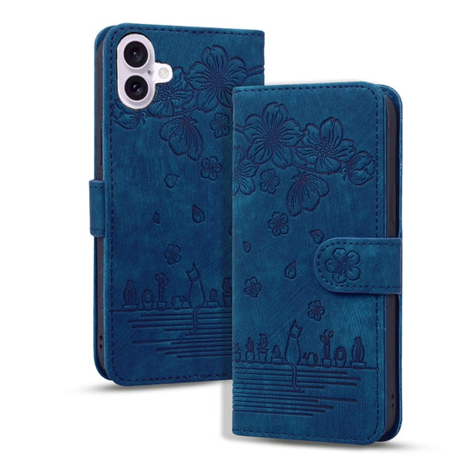 For iPhone 16 Cartoon Sakura Cat Embossed Leather Phone Case(Royal Blue) by buy2fix
