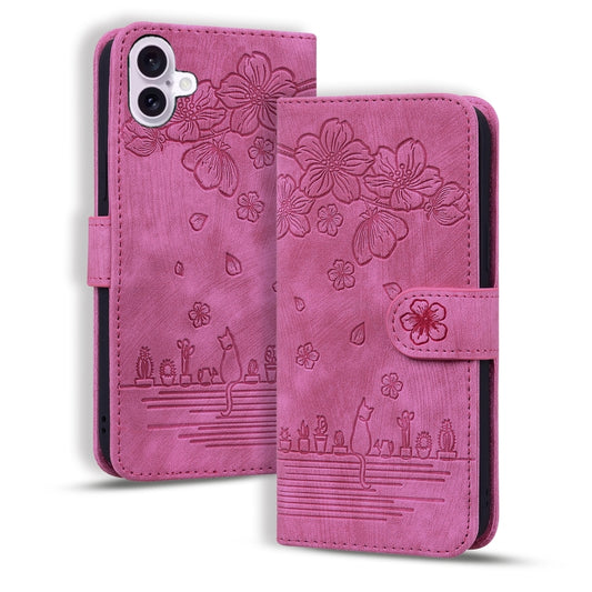 For iPhone 16 Cartoon Sakura Cat Embossed Leather Phone Case(Rose Red) by buy2fix