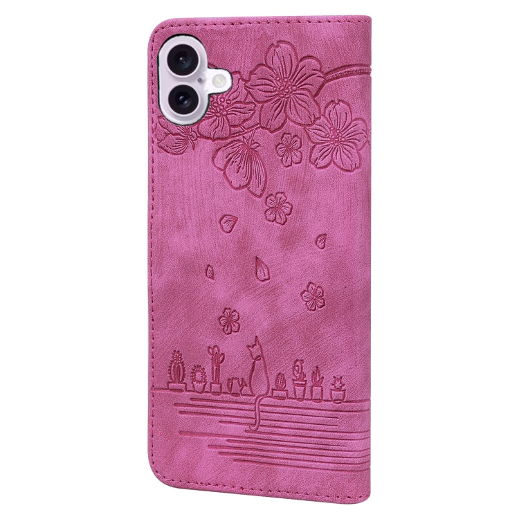 For iPhone 16 Cartoon Sakura Cat Embossed Leather Phone Case(Rose Red) - iPhone 16 Cases by buy2fix | Online Shopping UK | buy2fix