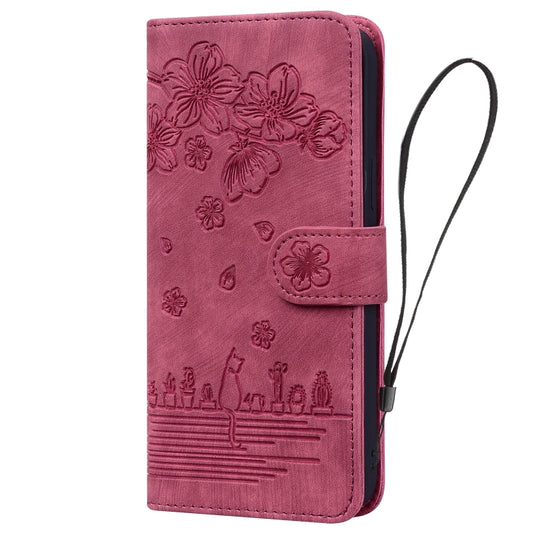 For iPhone 16 Cartoon Sakura Cat Embossed Leather Phone Case(Wine Red) by buy2fix