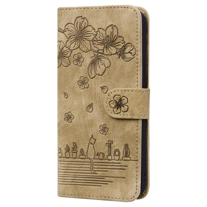 For iPhone 16e Cartoon Sakura Cat Embossed Leather Phone Case(Brown) - iPhone 16e Cases by buy2fix | Online Shopping UK | buy2fix