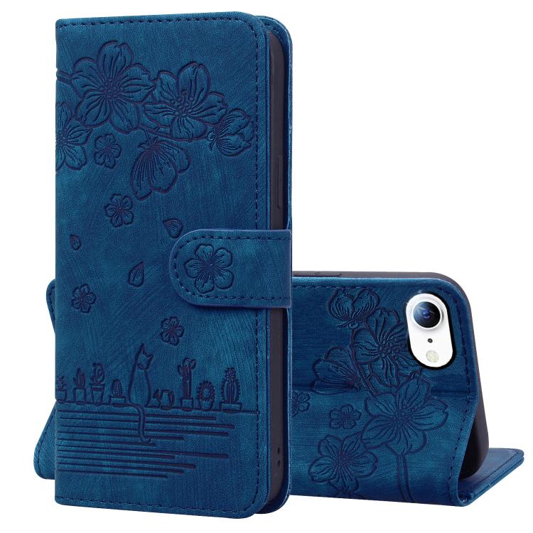 For iPhone 16e Cartoon Sakura Cat Embossed Leather Phone Case(Royal Blue) - iPhone 16e Cases by buy2fix | Online Shopping UK | buy2fix