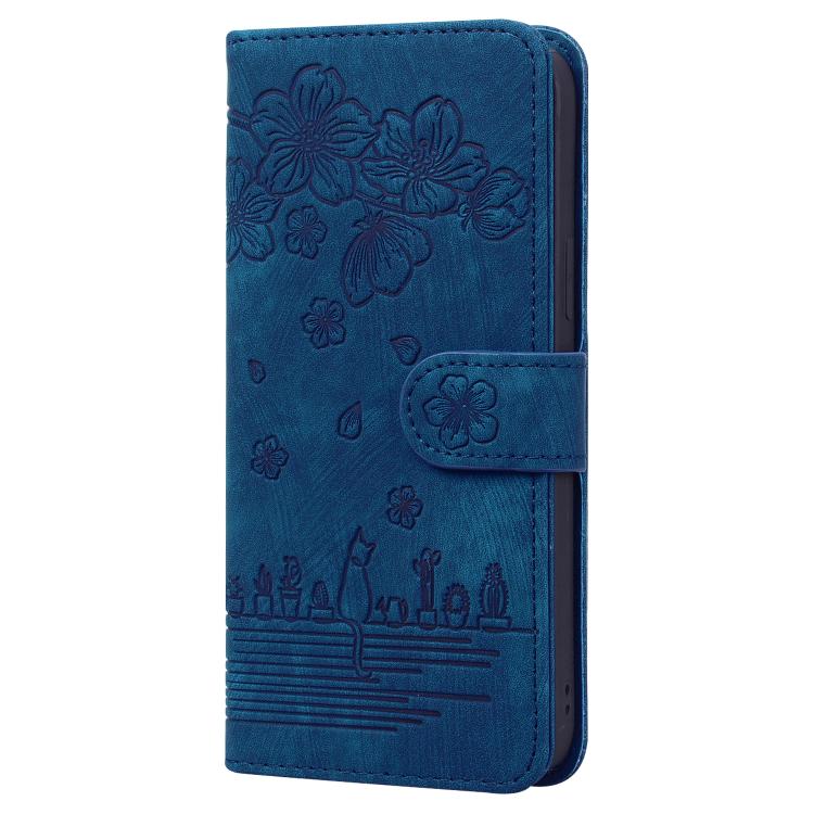 For iPhone 16e Cartoon Sakura Cat Embossed Leather Phone Case(Royal Blue) - iPhone 16e Cases by buy2fix | Online Shopping UK | buy2fix