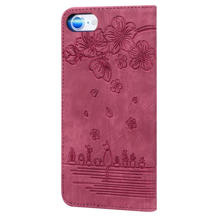 For iPhone 16e Cartoon Sakura Cat Embossed Leather Phone Case(Wine Red) - iPhone 16e Cases by buy2fix | Online Shopping UK | buy2fix