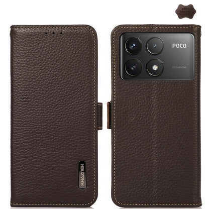 For Xiaomi Redmi K70 KHAZNEH Side-Magnetic Litchi Genuine Leather RFID Phone Case(Brown) - K70 Cases by buy2fix | Online Shopping UK | buy2fix