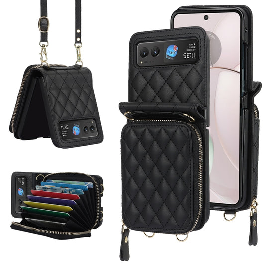 For Motorola Razr 40 Rhombic Texture Card Bag Phone Case with Dual Lanyard(Black) by buy2fix