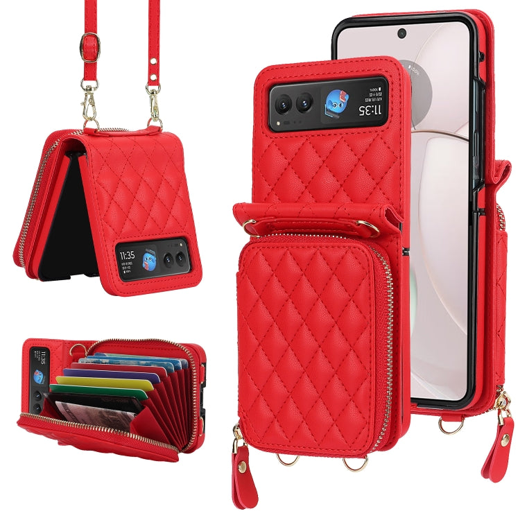 For Motorola Razr 40 Rhombic Texture Card Bag Phone Case with Dual Lanyard(Red) by buy2fix