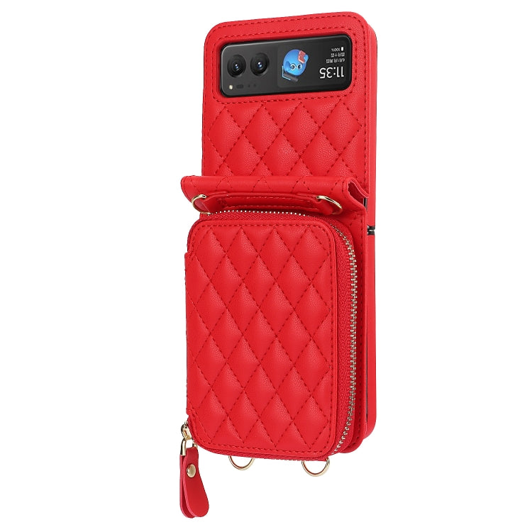 For Motorola Razr 40 Rhombic Texture Card Bag Phone Case with Dual Lanyard(Red) by buy2fix