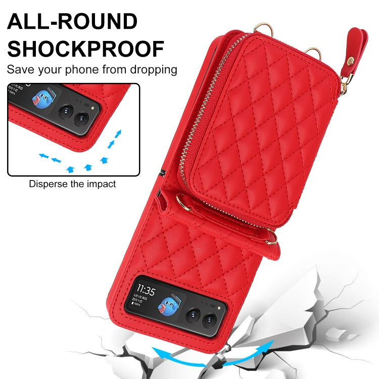 For Motorola Razr 40 Rhombic Texture Card Bag Phone Case with Dual Lanyard(Red) by buy2fix