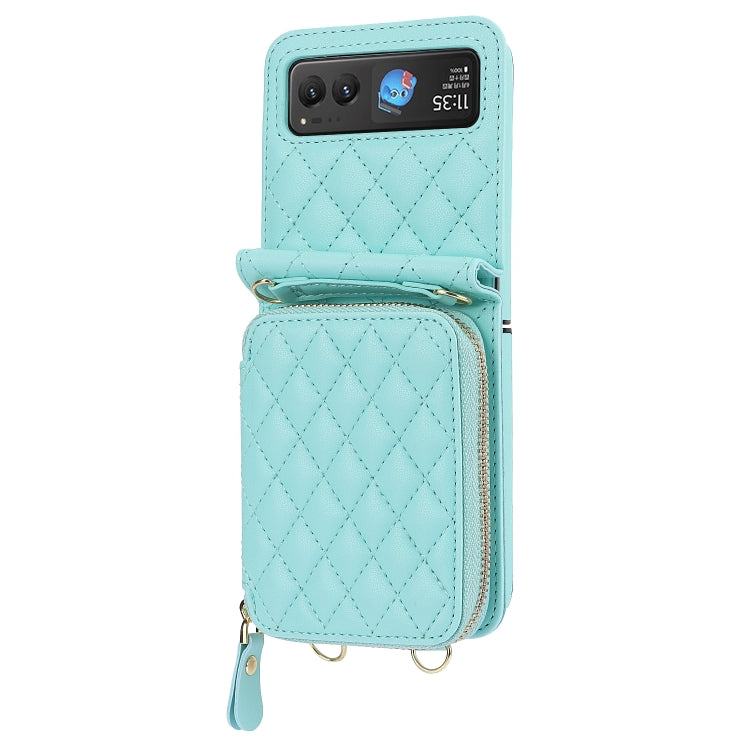 For Motorola Razr 40 Rhombic Texture Card Bag Phone Case with Dual Lanyard(Green) by buy2fix