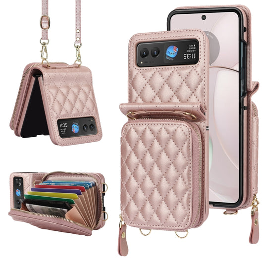 For Motorola Razr 40 Rhombic Texture Card Bag Phone Case with Dual Lanyard(Rose Gold) by buy2fix