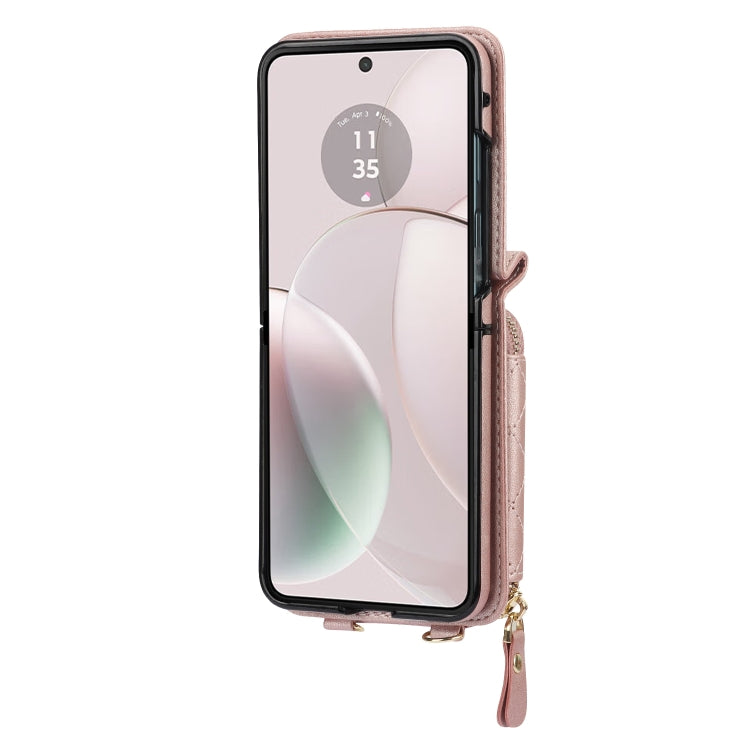 For Motorola Razr 40 Rhombic Texture Card Bag Phone Case with Dual Lanyard(Rose Gold) by buy2fix