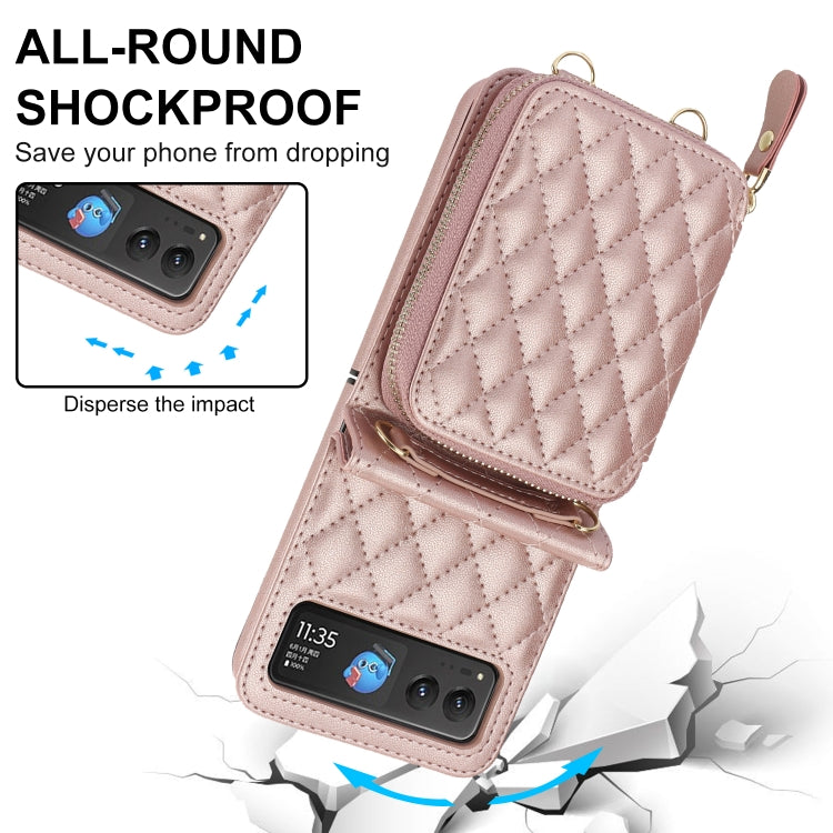 For Motorola Razr 40 Rhombic Texture Card Bag Phone Case with Dual Lanyard(Rose Gold) by buy2fix