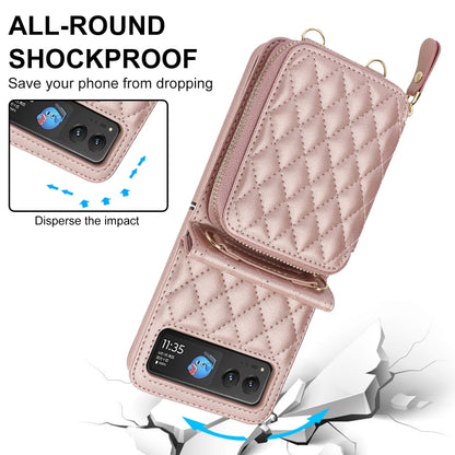 For Motorola Razr 40 Rhombic Texture Card Bag Phone Case with Dual Lanyard(Rose Gold) by buy2fix