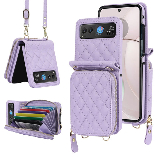 For Motorola Razr 40 Rhombic Texture Card Bag Phone Case with Dual Lanyard(Purple) by buy2fix