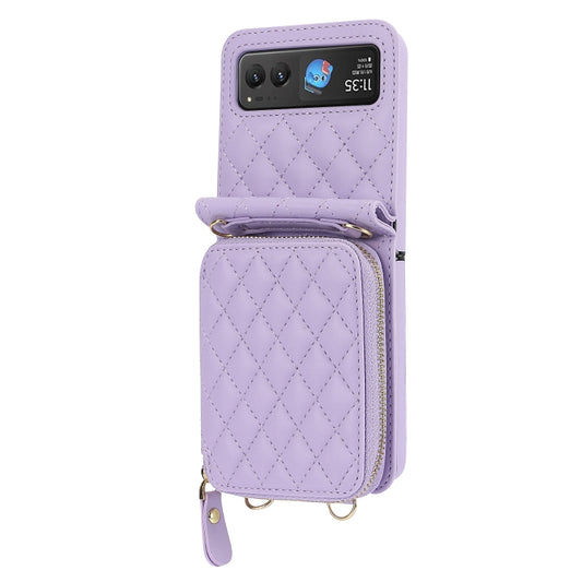 For Motorola Razr 40 Rhombic Texture Card Bag Phone Case with Dual Lanyard(Purple) by buy2fix