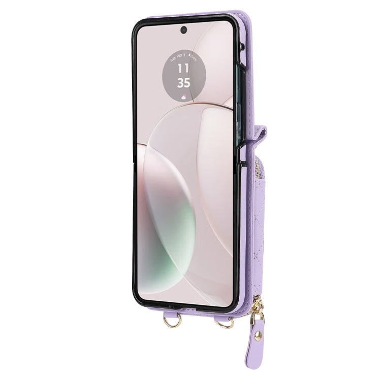 For Motorola Razr 40 Rhombic Texture Card Bag Phone Case with Dual Lanyard(Purple) by buy2fix