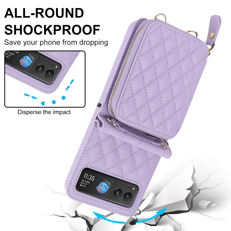 For Motorola Razr 40 Rhombic Texture Card Bag Phone Case with Dual Lanyard(Purple) by buy2fix