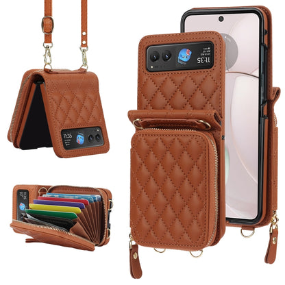 For Motorola Razr 40 Rhombic Texture Card Bag Phone Case with Dual Lanyard(Brown) by buy2fix