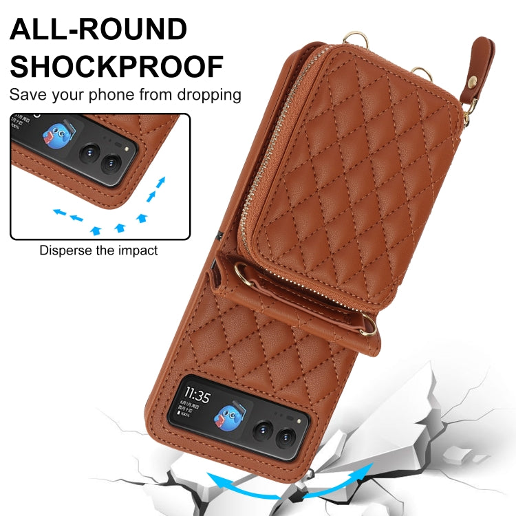 For Motorola Razr 40 Rhombic Texture Card Bag Phone Case with Dual Lanyard(Brown) by buy2fix