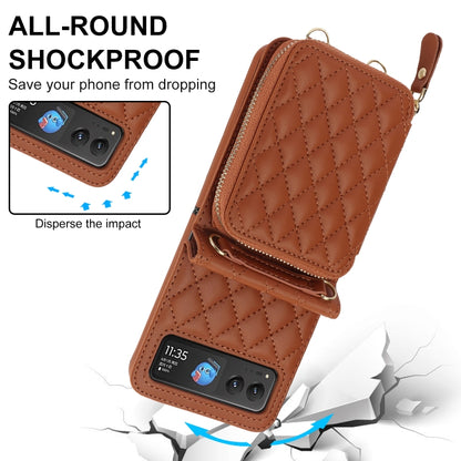 For Motorola Razr 40 Rhombic Texture Card Bag Phone Case with Dual Lanyard(Brown) by buy2fix