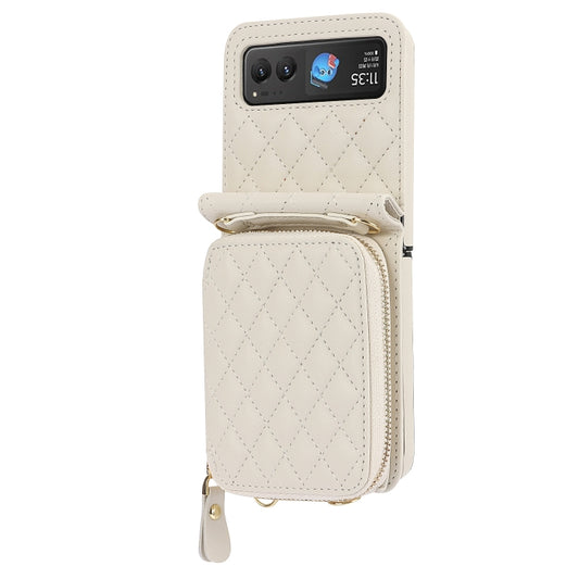 For Motorola Razr 40 Rhombic Texture Card Bag Phone Case with Dual Lanyard(White) by buy2fix