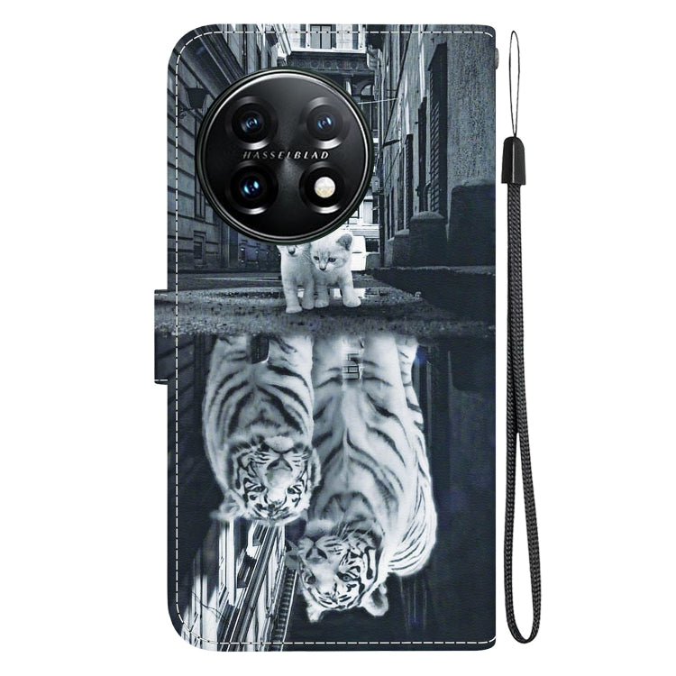 For OnePlus 11 Crystal Texture Colored Drawing Leather Phone Case(Cat Tiger Reflection) - OnePlus Cases by buy2fix | Online Shopping UK | buy2fix