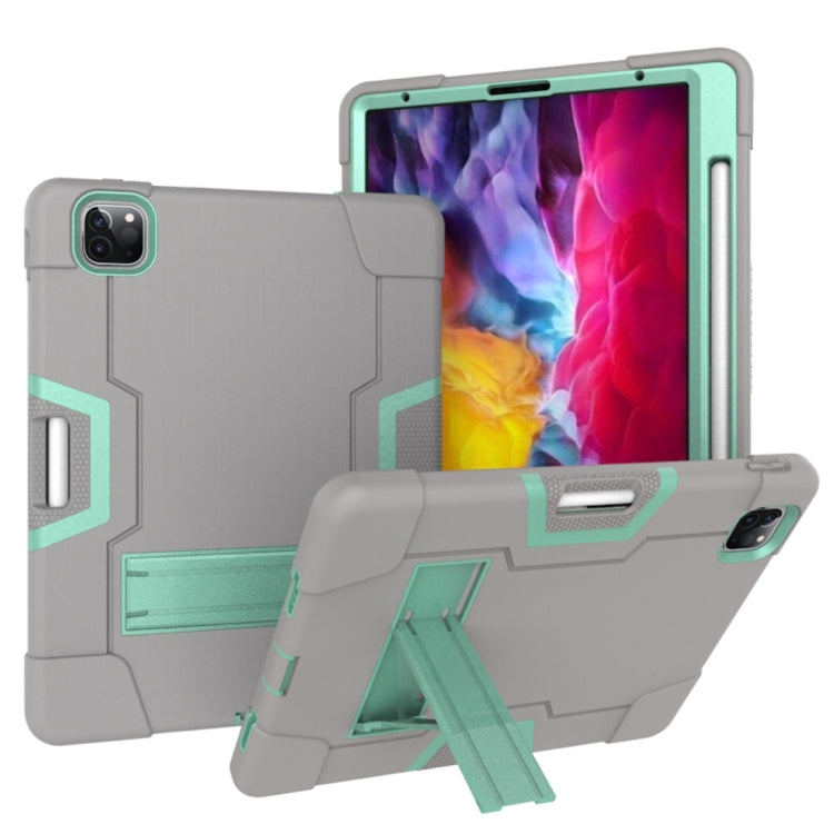 For iPad Pro 12.9 2021 / 2020 / 2019 Contrast Color Silicone + PC Protective Tablet Case with Holder(Grey + Mint Green) - iPad Pro 12.9 (2020) Cases by buy2fix | Online Shopping UK | buy2fix