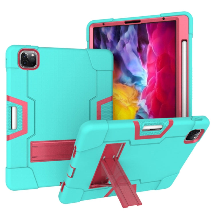For iPad Pro 12.9 2021 / 2020 / 2019 Contrast Color Silicone + PC Protective Tablet Case with Holder(Mint Green + Rose Red) - iPad Pro 12.9 (2020) Cases by buy2fix | Online Shopping UK | buy2fix