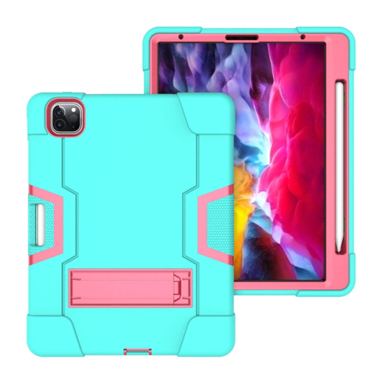 For iPad Pro 12.9 2021 / 2020 / 2019 Contrast Color Silicone + PC Protective Tablet Case with Holder(Mint Green + Rose Red) - iPad Pro 12.9 (2020) Cases by buy2fix | Online Shopping UK | buy2fix